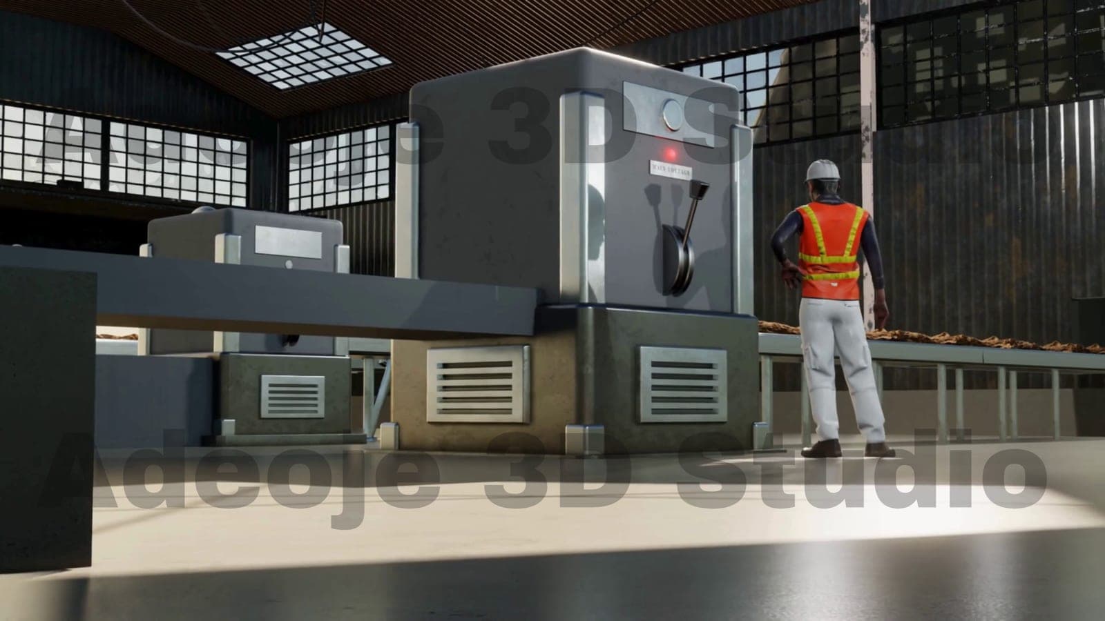 3D render of a processing hall with a conveyor line and a worker in high-visibility clothing