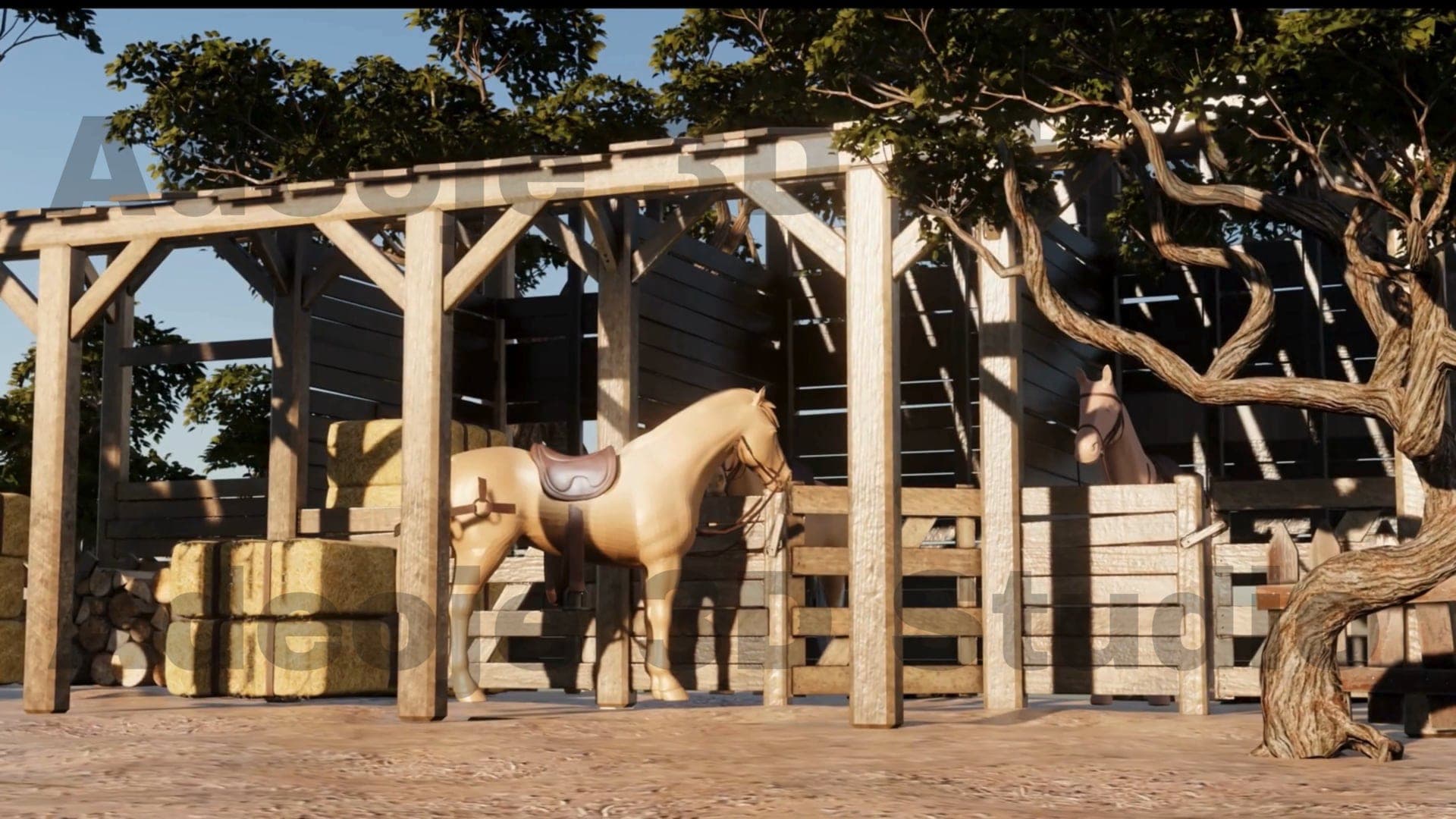 3D render of a rural stable building, the starting point of a biochar production process animation