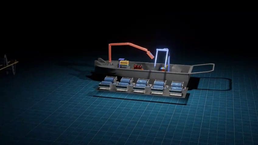Boat with an orange crane arm and a blue XYZ gantry beside a row of equipment modules on a blue grid