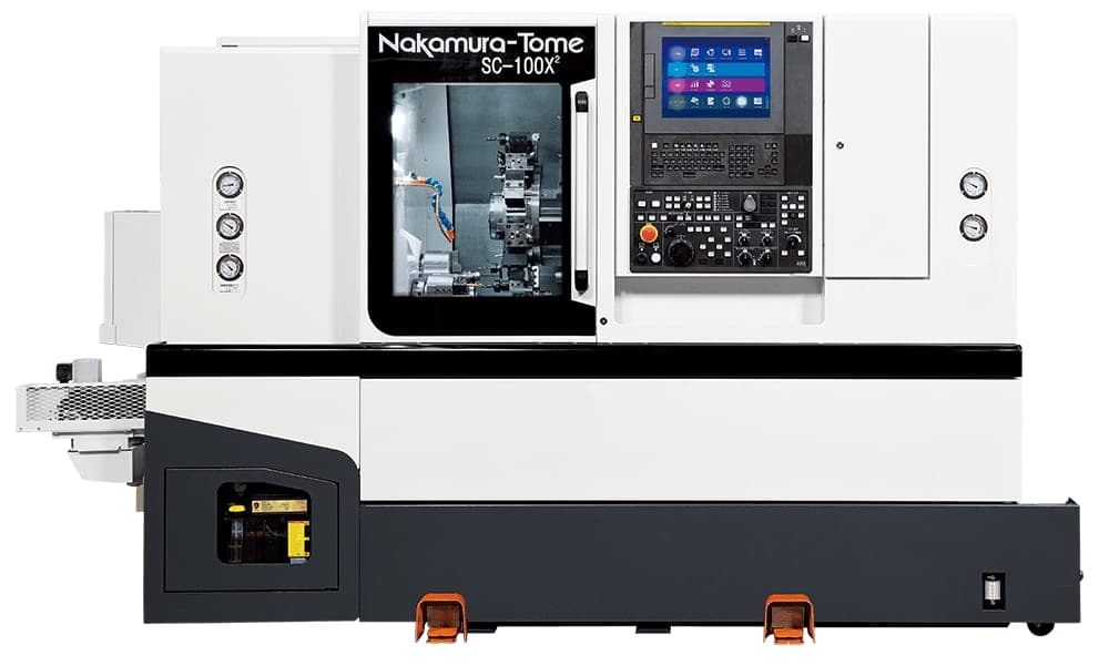 White and grey CNC turning center with its control panel and enclosure door, rendered on a dark background