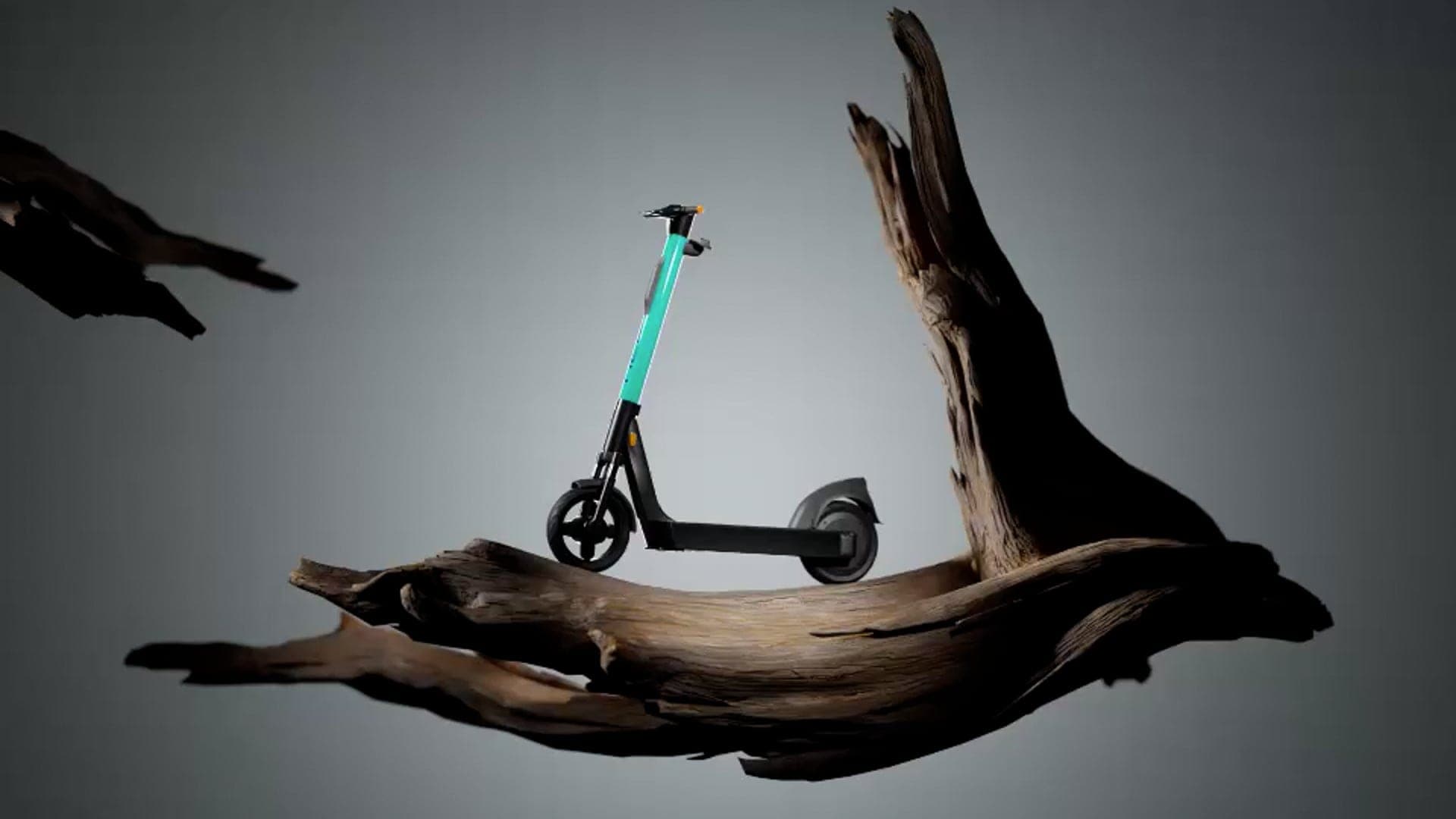 Teal and black electric scooter balanced on a piece of driftwood in a dark studio