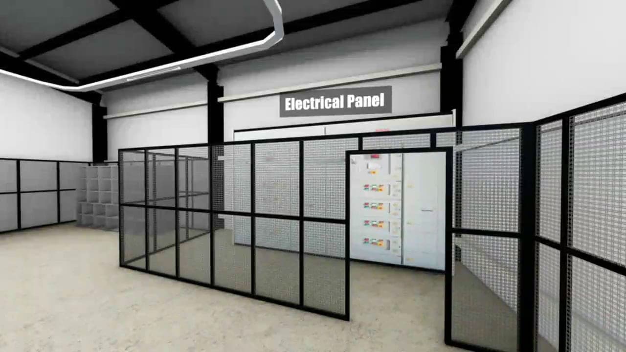 3D walkthrough of an industrial interior with mesh partitions and an electrical panel area