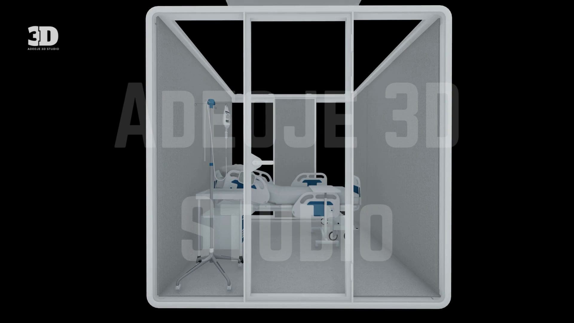 Modular pod fitted out as a hospital room with beds and medical equipment