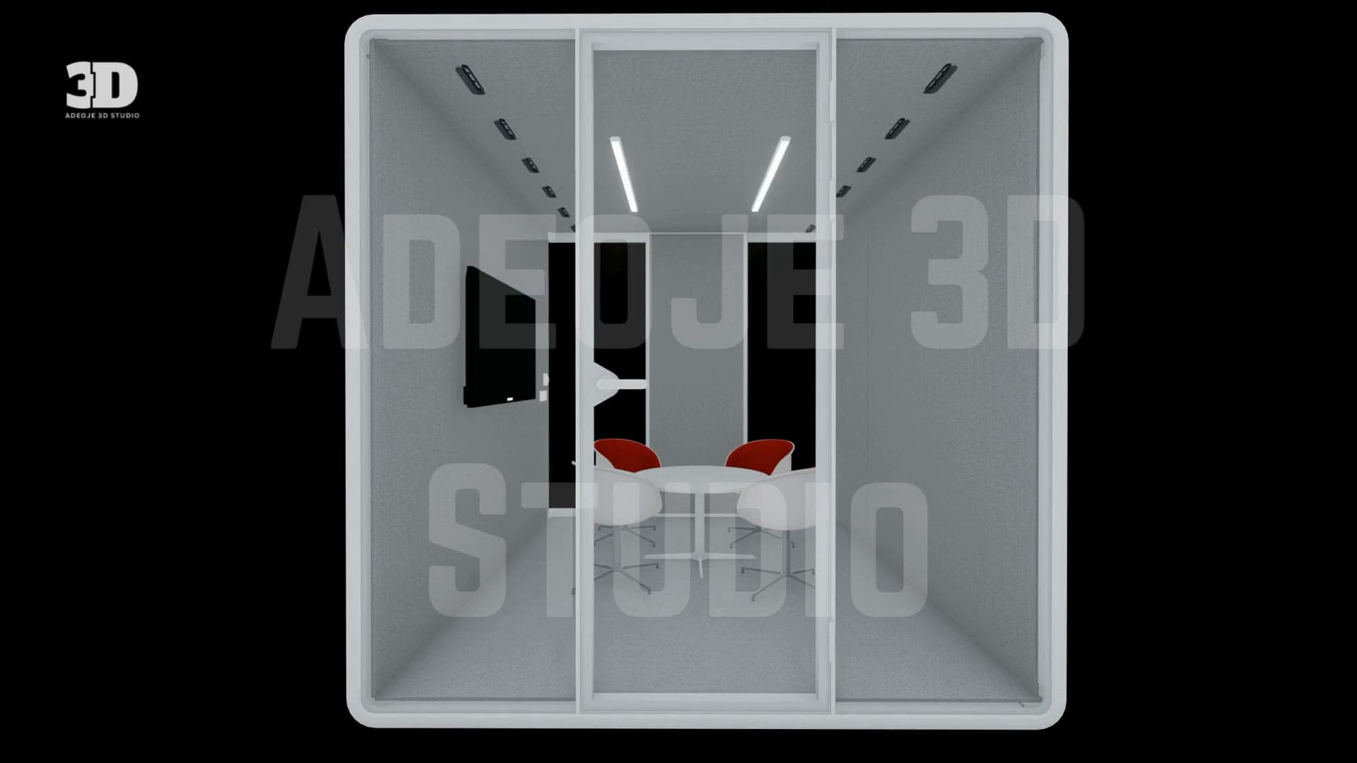 Modular pod fitted out as a meeting space with red chairs, a table and a wall screen