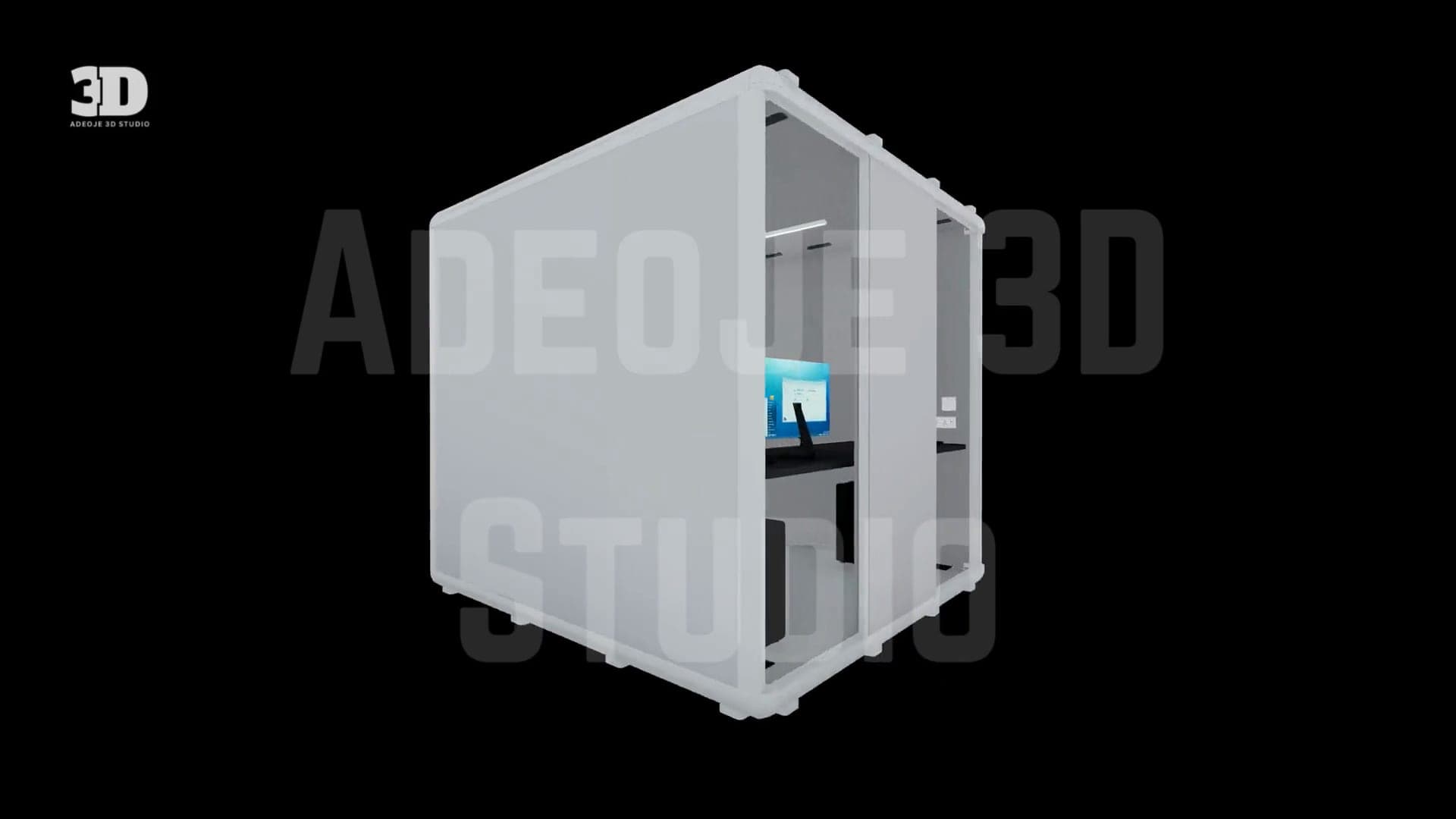 Three-quarter view of a white modular pod with an office workstation inside
