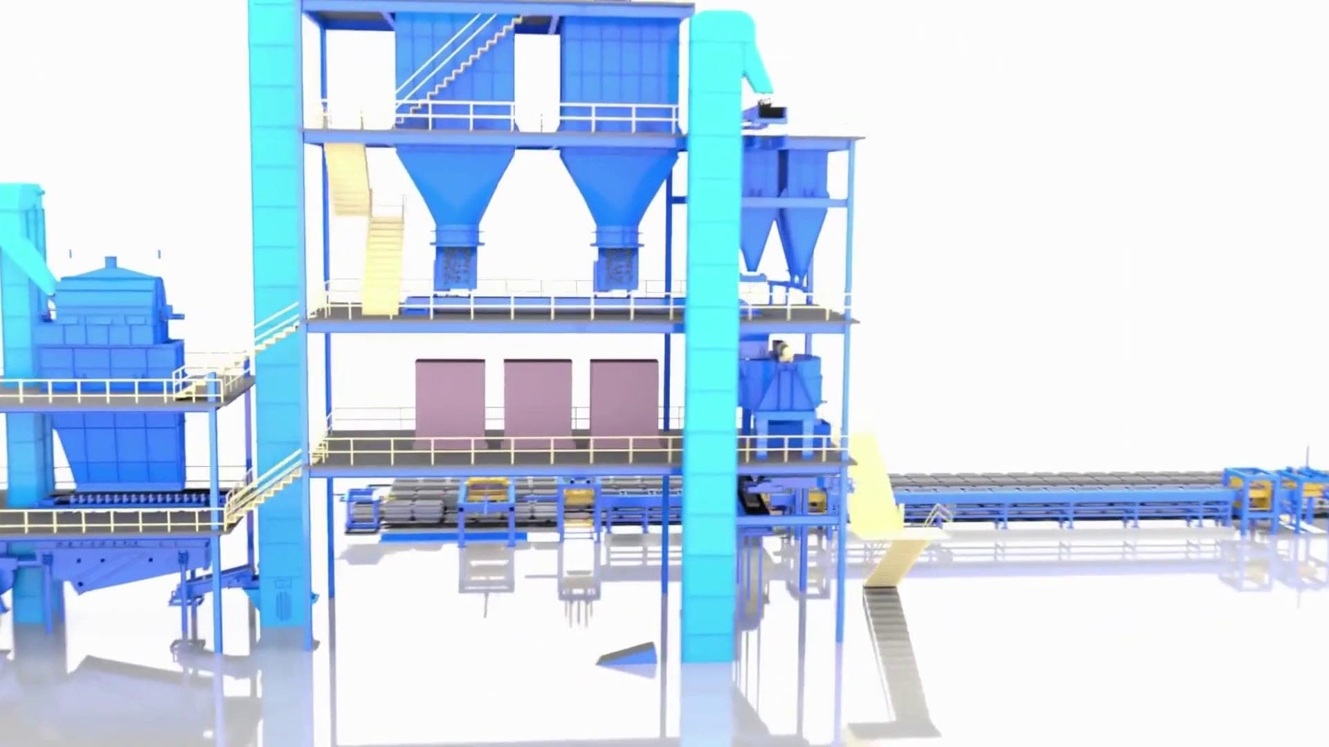Blue steel processing plant structure with hoppers, yellow stairways and a long conveyor