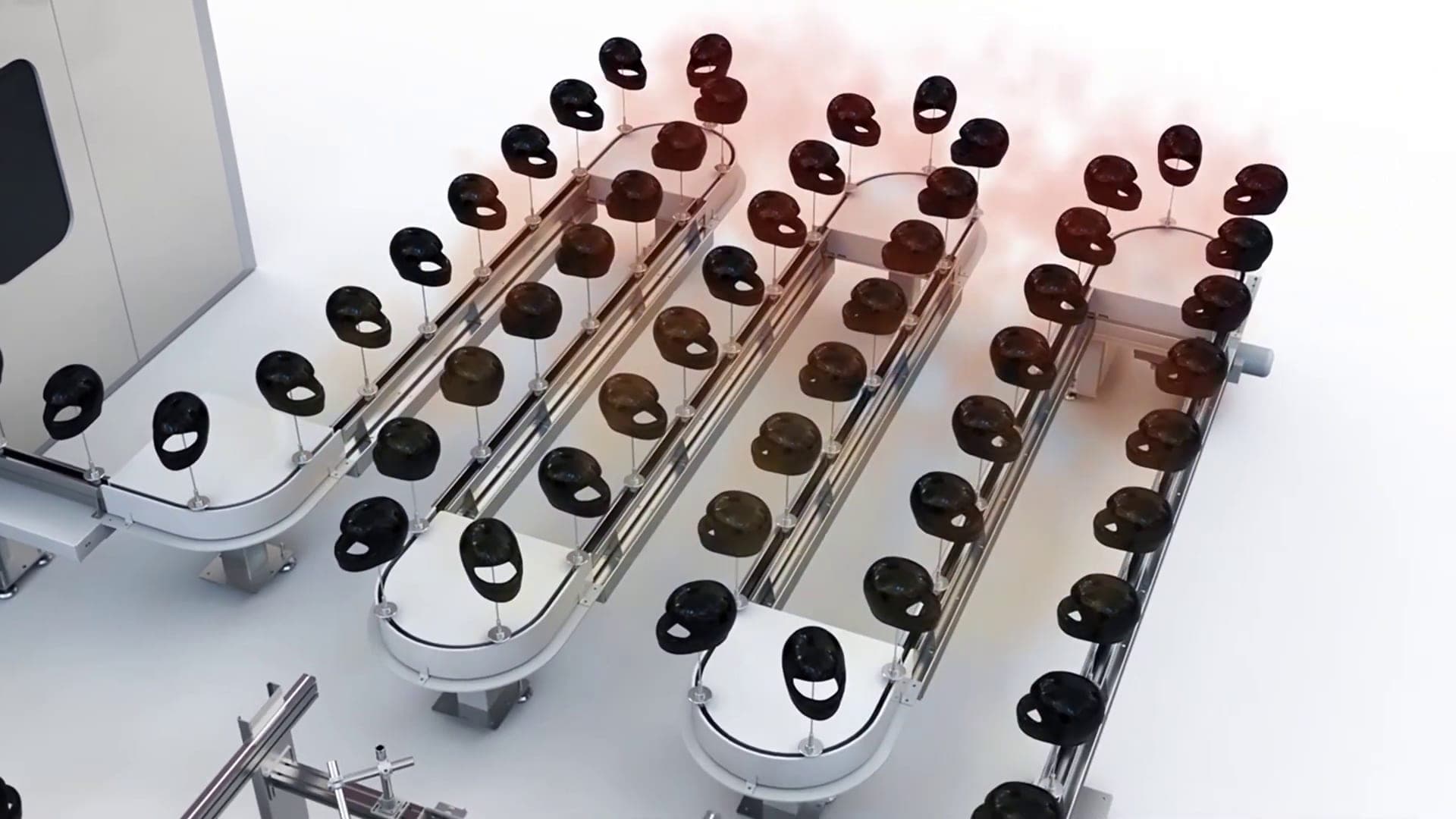 Rows of products travelling on a looping conveyor in a 3D manufacturing animation