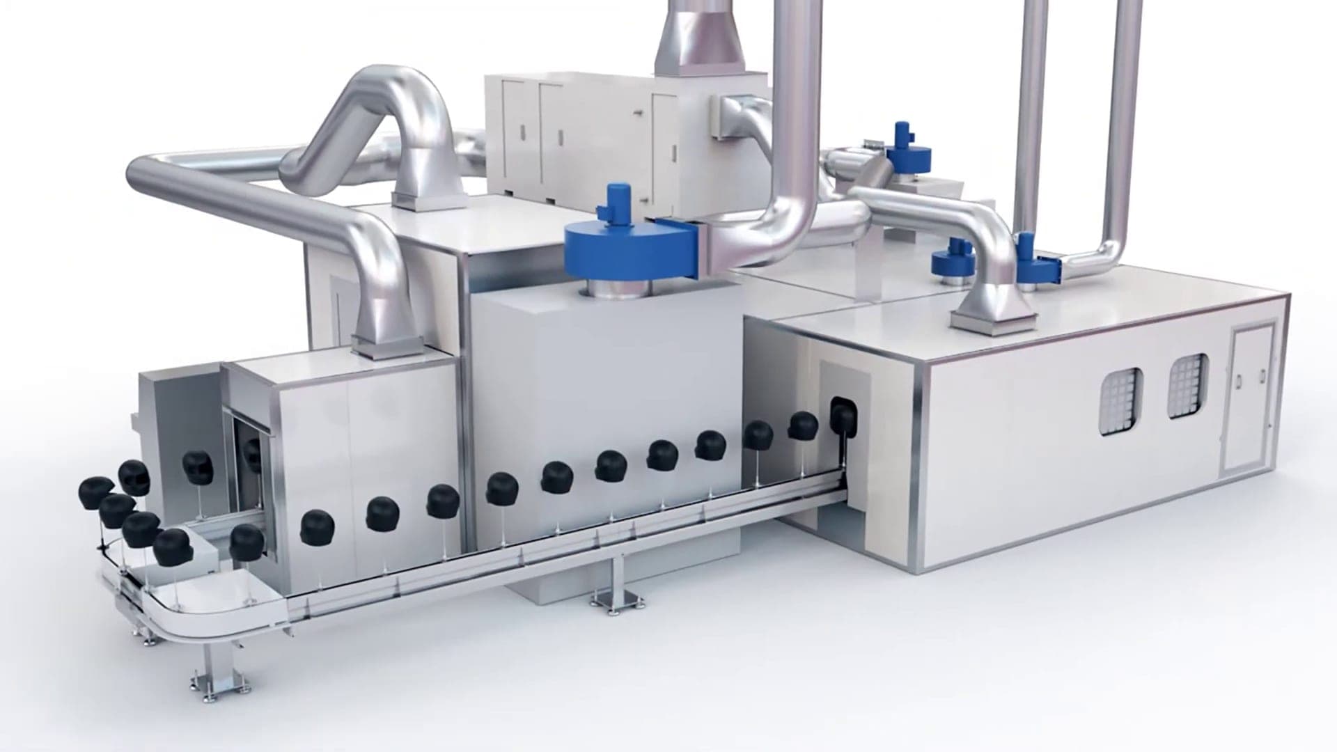 Stainless-steel production machine with ducting and products moving along a conveyor