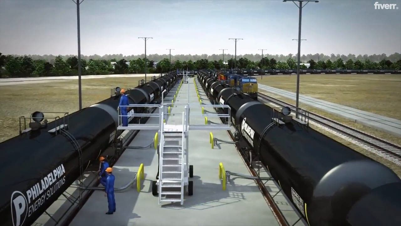 Black tank cars lined up beside an offloading rack with workers and stairways at a rail terminal