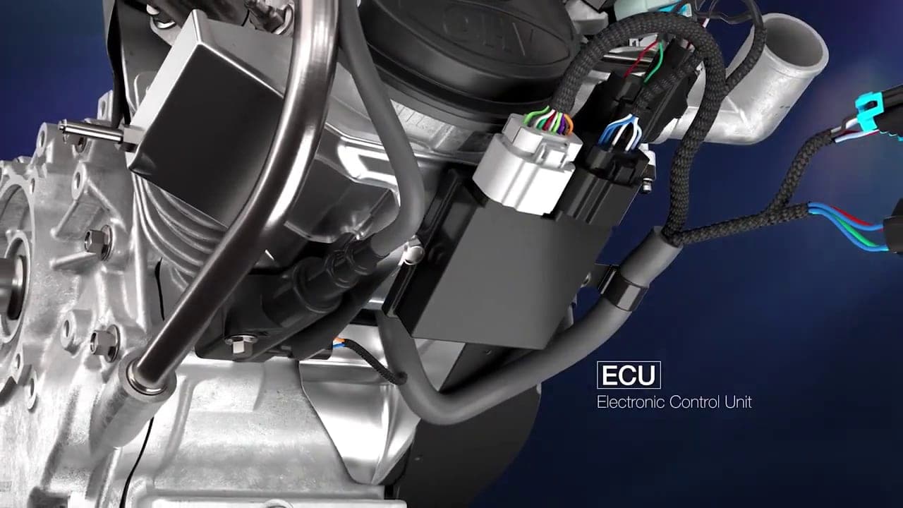 Close-up 3D render of an engine bay with a labelled electronic control unit