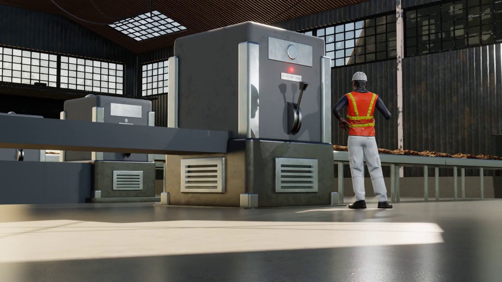 3D render of an industrial processing hall with a control unit, conveyor and worker