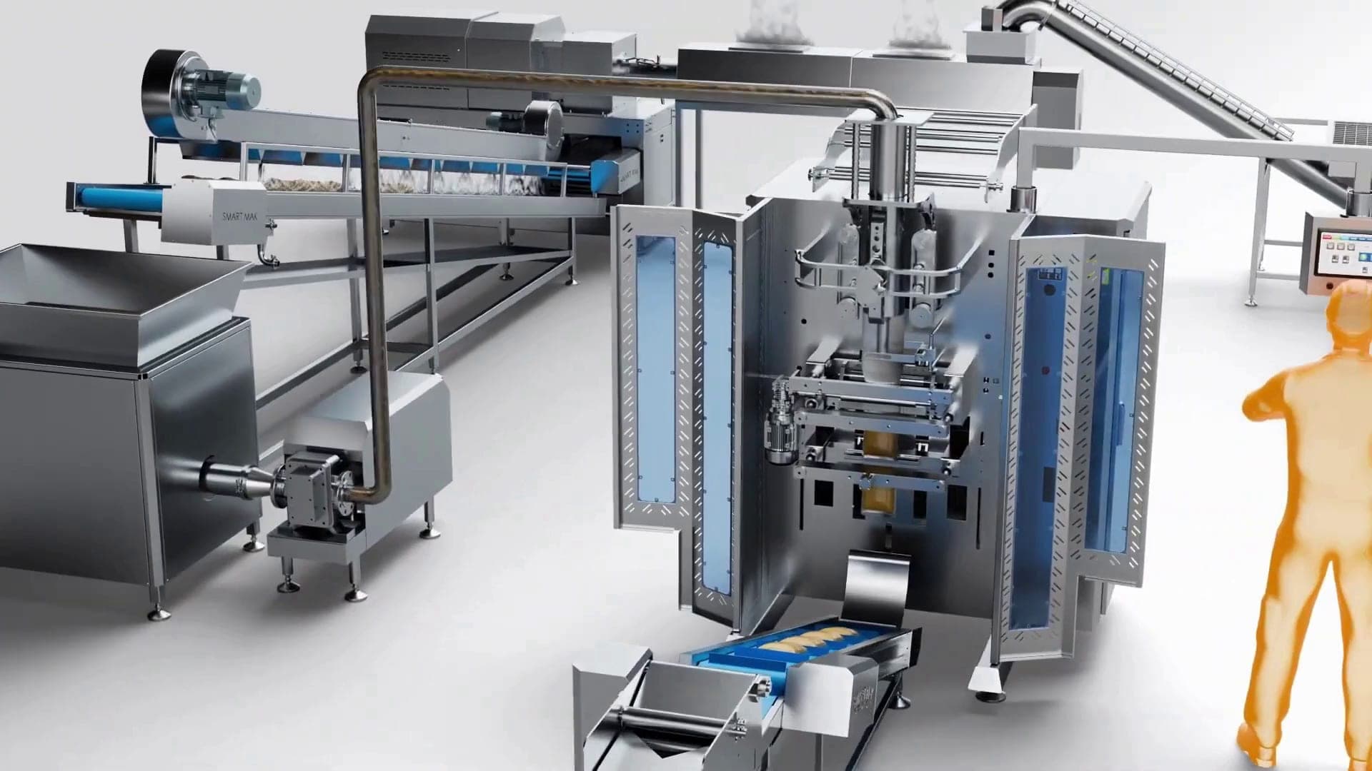 3D render of a packaging line with conveyors, a vertical packaging machine and an operator