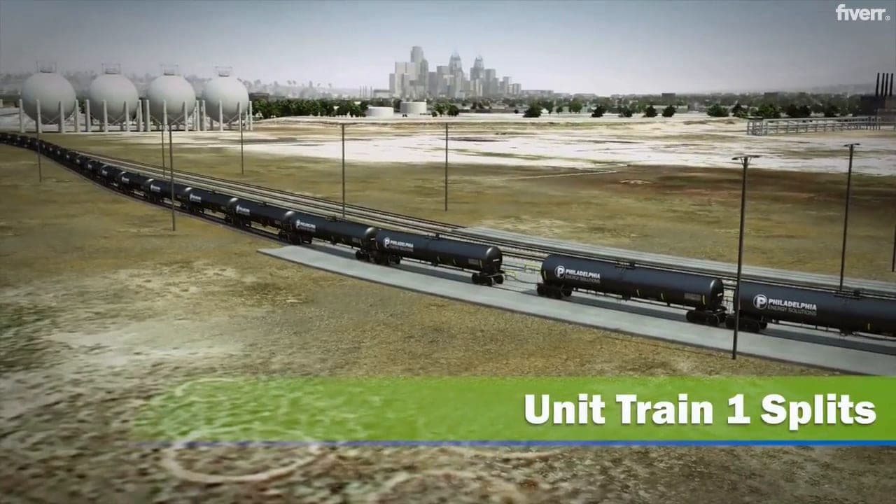Long unit train of tank cars on tracks beside storage tanks, with a caption for the train splitting