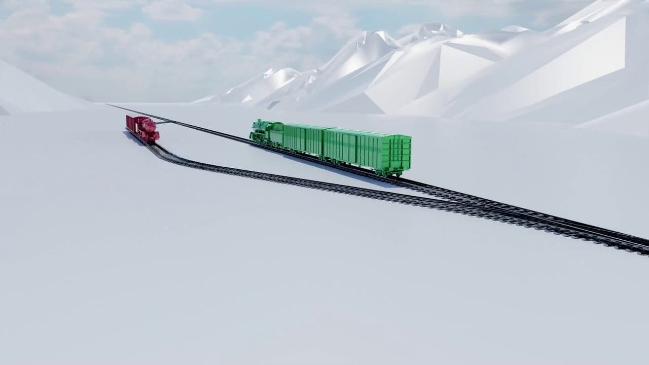 Two freight trains approaching a railway junction in a snowy 3D landscape