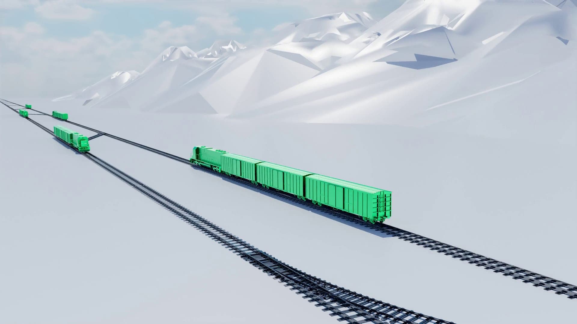Green freight train with a red locomotive crossing a snowy landscape in a 3D railway animation